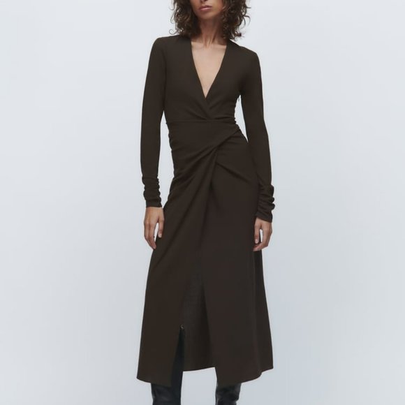 NWT ZARA DRAPED WOOL BLEND DRESS  TOFFEE - REF. 8853/638 XS, S, M - Picture 1 of 6